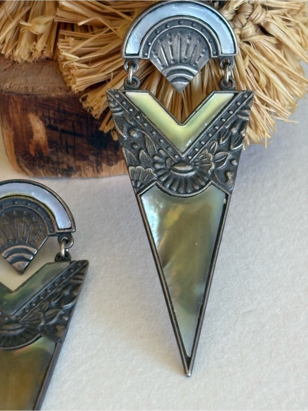 Art Deco Triangle Drop Earrings DURI in Iridescent Olive Shell